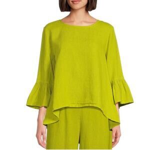 Bryn Walker Fran Light Linen Round Neck Bell Sleeve Ruffle Top Green Medium